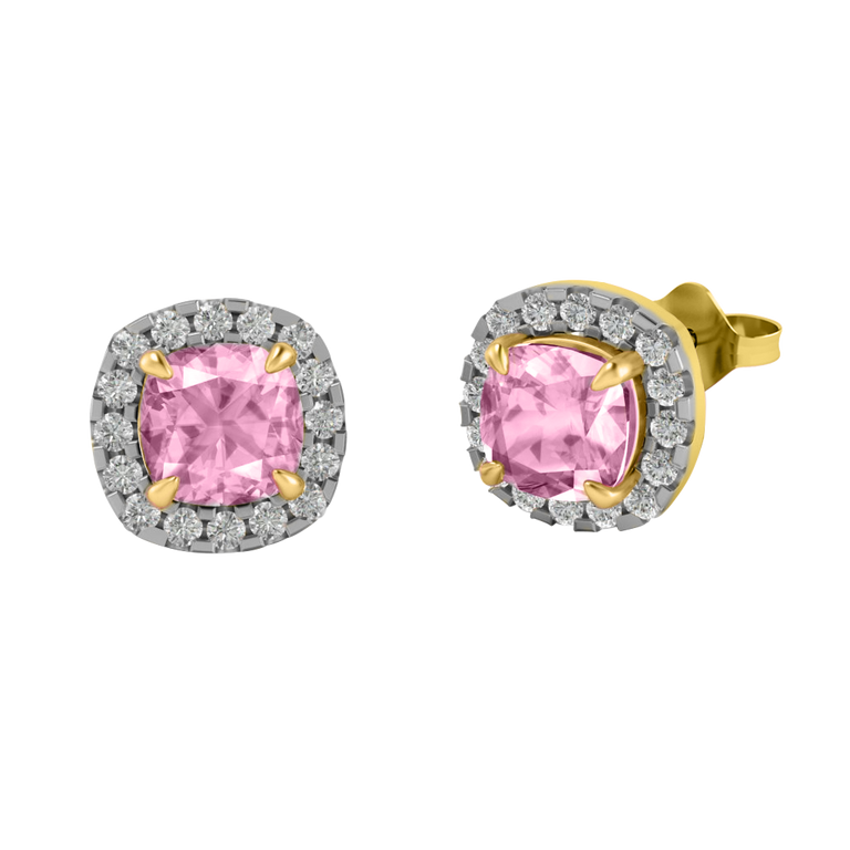 Halo Stud Cushion Pink Sapphire 18K Yellow Gold Earrings