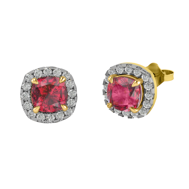 Halo Stud Cushion Ruby 18K Yellow Gold Earrings