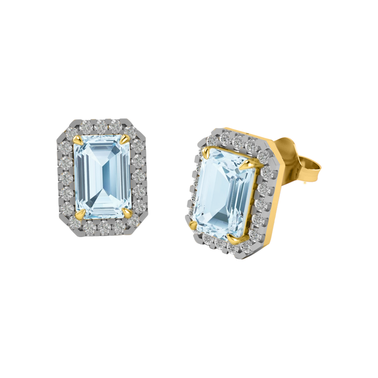 Halo Stud Emerald Aquamarine 18K Yellow Gold Earrings