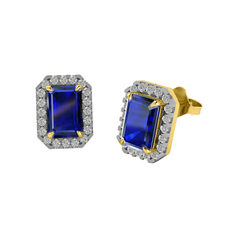 Halo Stud Emerald Blue Sapphire 18K Yellow Gold Earrings