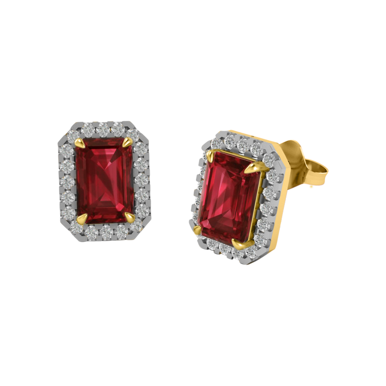 Halo Stud Emerald Garnet 18K Yellow Gold Earrings