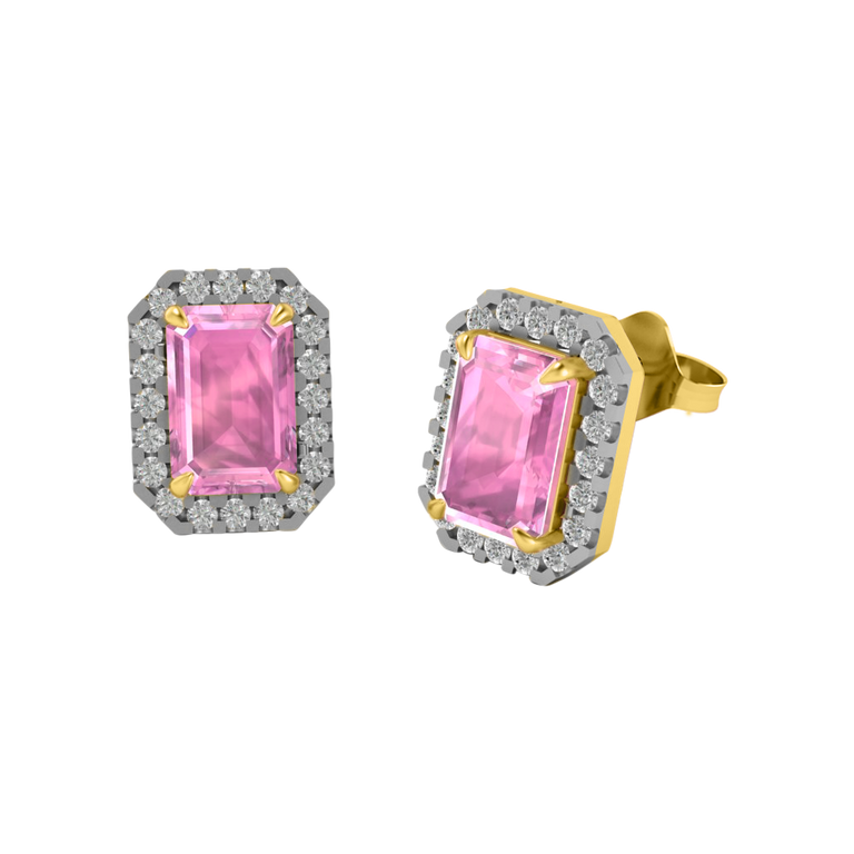 Halo Stud Emerald Pink Sapphire 18K Yellow Gold Earrings