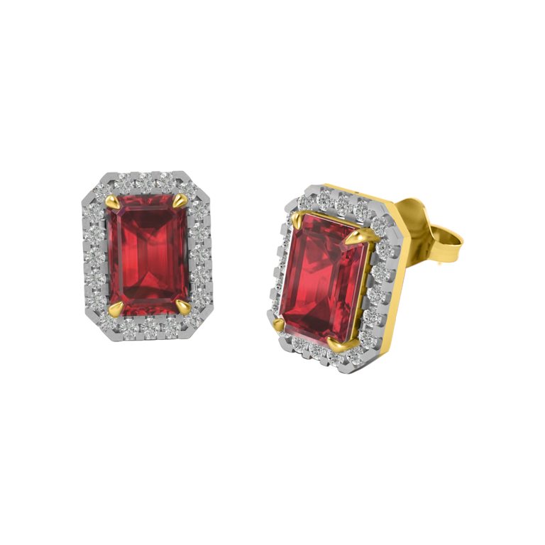 Halo Stud Emerald Ruby 18K Yellow Gold Earrings