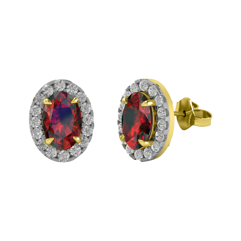 Halo Stud Oval Garnet 18K Yellow Gold Earrings