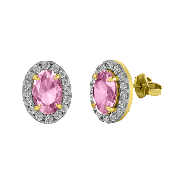 Halo Stud Oval Pink Sapphire 18K Yellow Gold Earrings