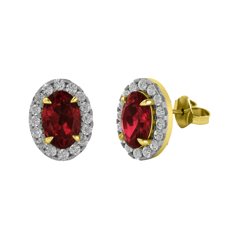 Halo Stud Oval Ruby 18K Yellow Gold Earrings