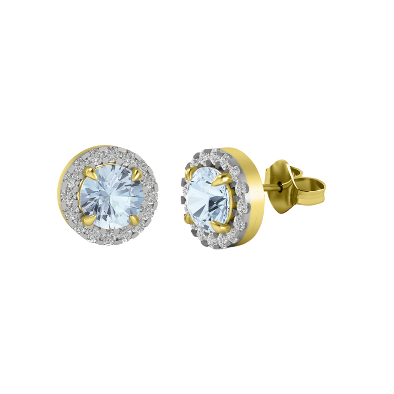 Halo Stud Round Aquamarine 18K Yellow Gold Earrings