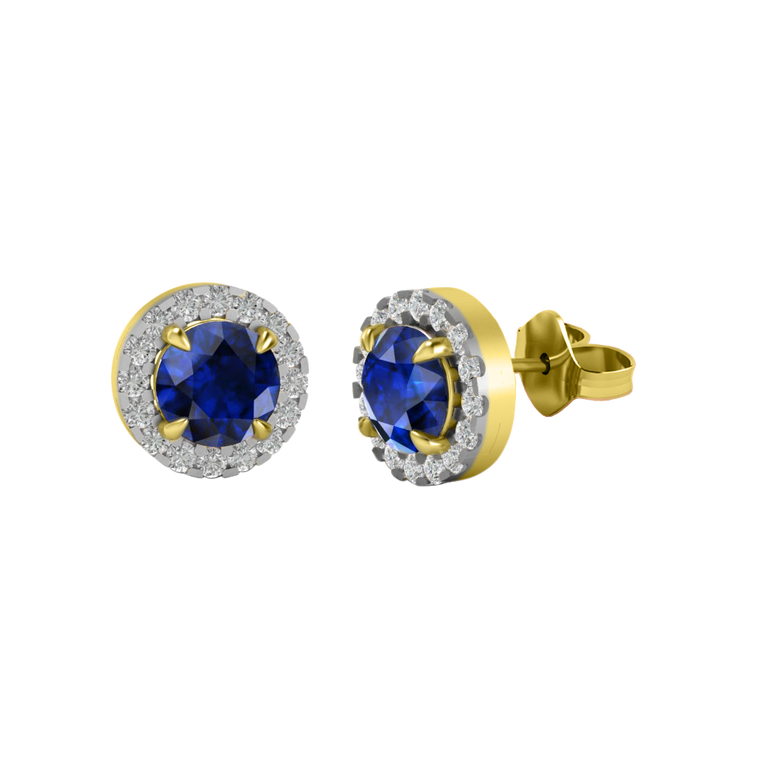 Halo Stud Round Blue Sapphire 18K Yellow Gold Earrings