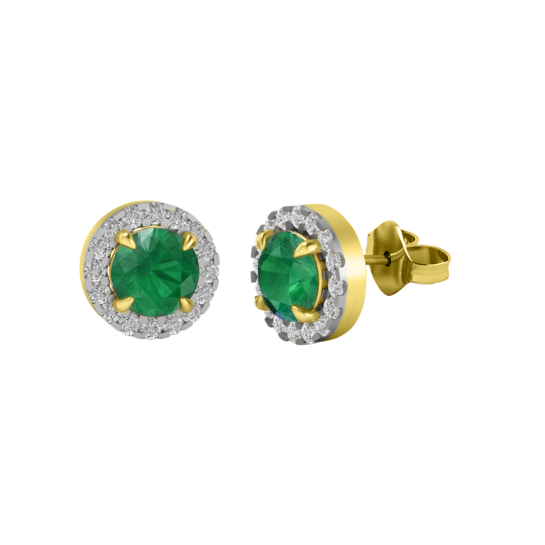 Halo Stud Round Emerald 18K Yellow Gold Earrings