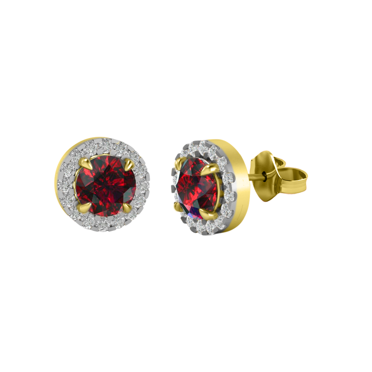 Halo Stud Round Garnet 18K Yellow Gold Earrings