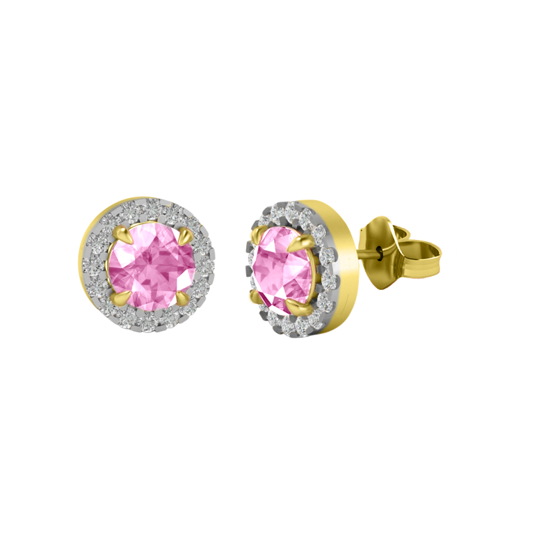 Halo Stud Round Pink Sapphire 18K Yellow Gold Earrings