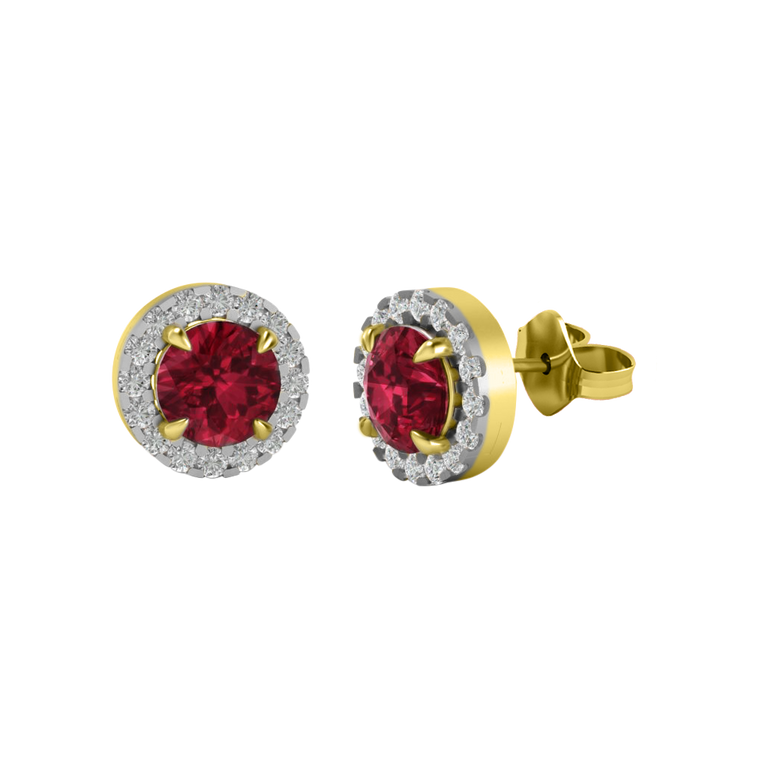 Halo Stud Round Ruby 18K Yellow Gold Earrings