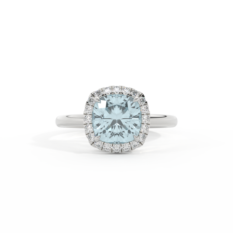 Halo Cushion Aquamarine Platinum Ring