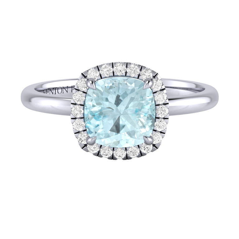 Halo Cushion Aquamarine Platinum Ring