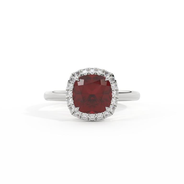 Halo Cushion Garnet Platinum Ring