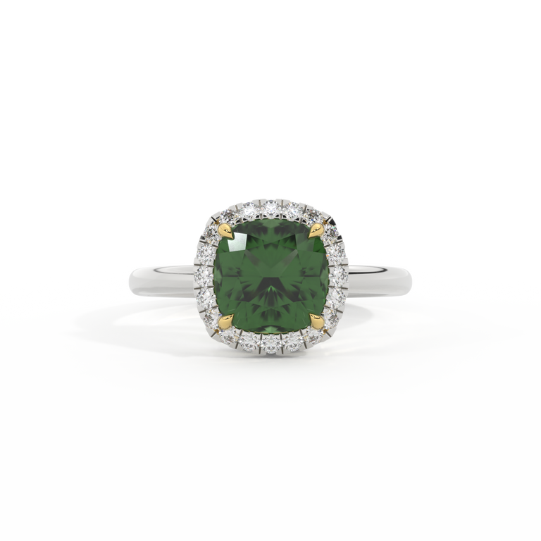 Halo Cushion Green Sapphire Platinum Ring