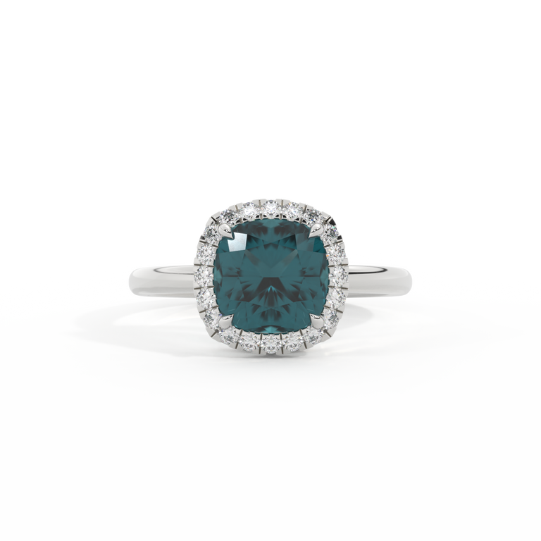 Halo Cushion Teal Sapphire Platinum Ring