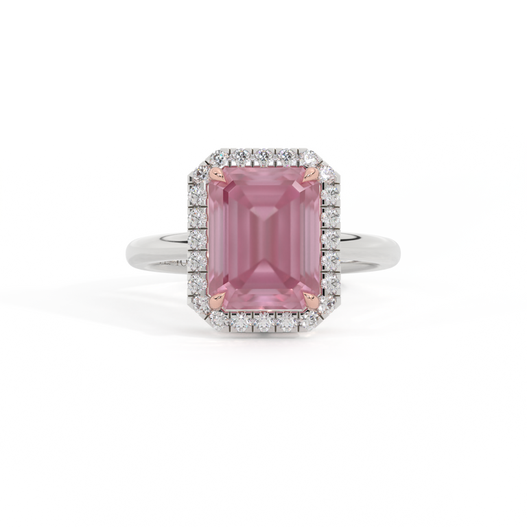 Halo Emerald Pink Sapphire Platinum Ring
