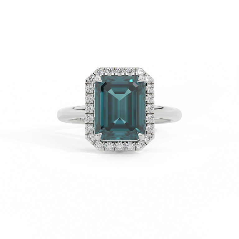 Halo Emerald Teal Sapphire Platinum Ring