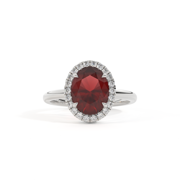 Halo Oval Garnet Platinum Ring