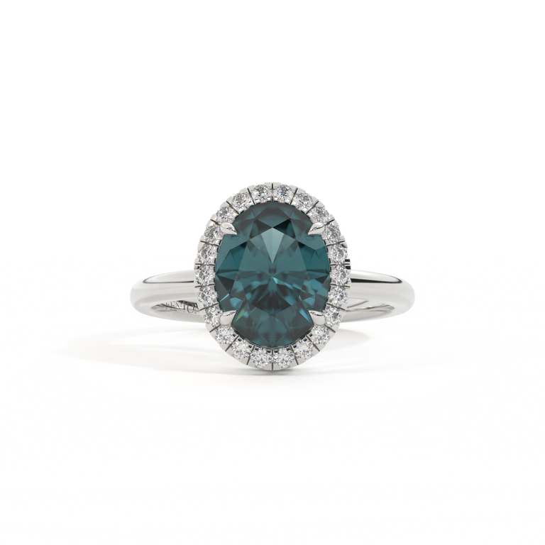 Halo Oval Teal Sapphire Platinum Ring