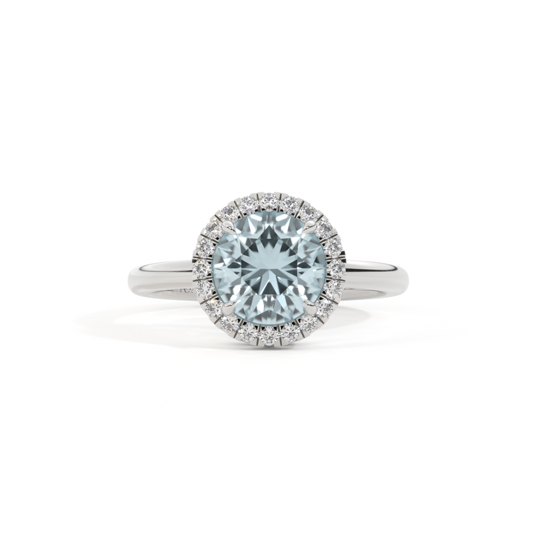Halo Round Aquamarine Platinum Ring