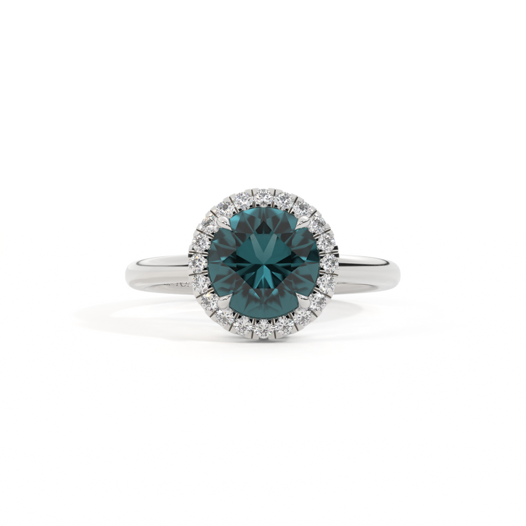 Halo Round Teal Sapphire Platinum Ring