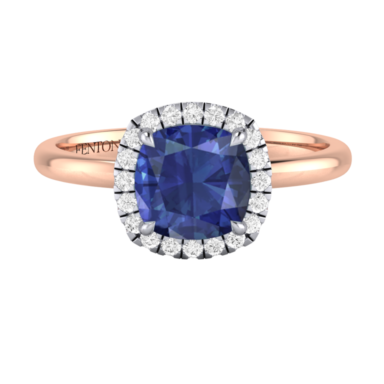 Halo Cushion Blue Sapphire 18K Rose Gold Ring