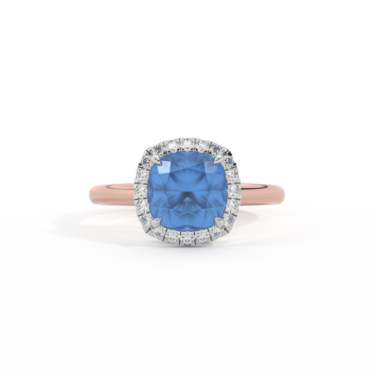 Halo Cushion Blue Sapphire 18K Rose Gold Ring