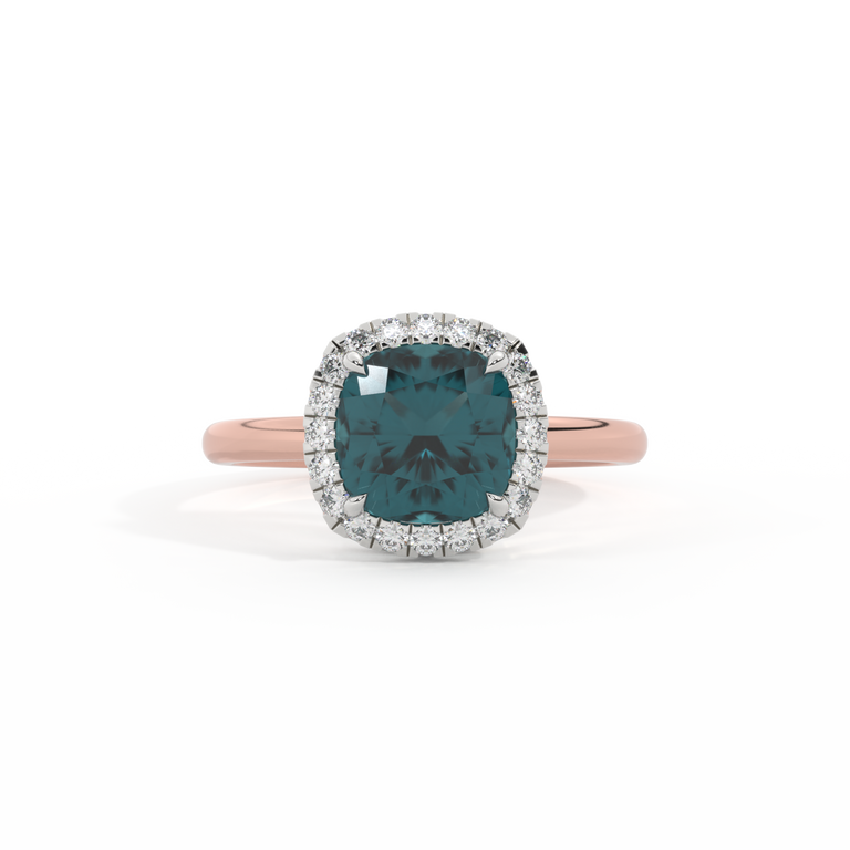 Halo Cushion Teal Sapphire 18K Rose Gold Ring