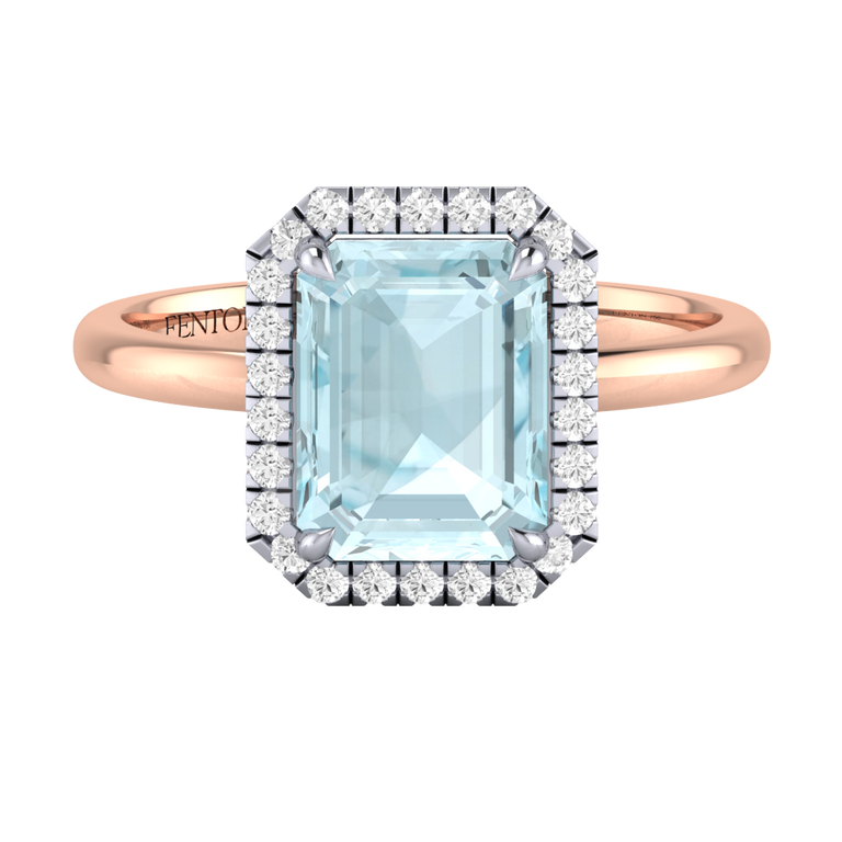 Halo Emerald Aquamarine 18K Rose Gold Ring