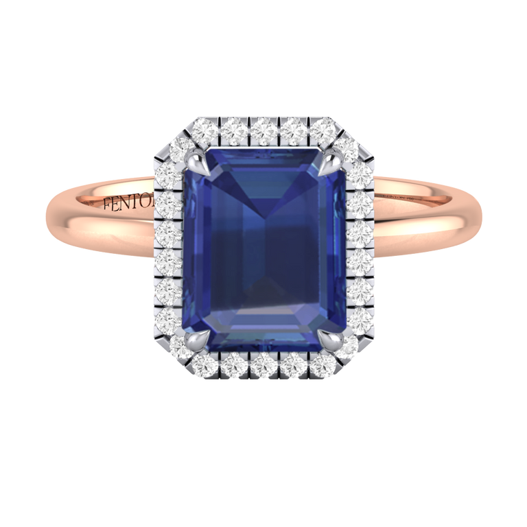 Halo Emerald Blue Sapphire 18K Rose Gold Ring