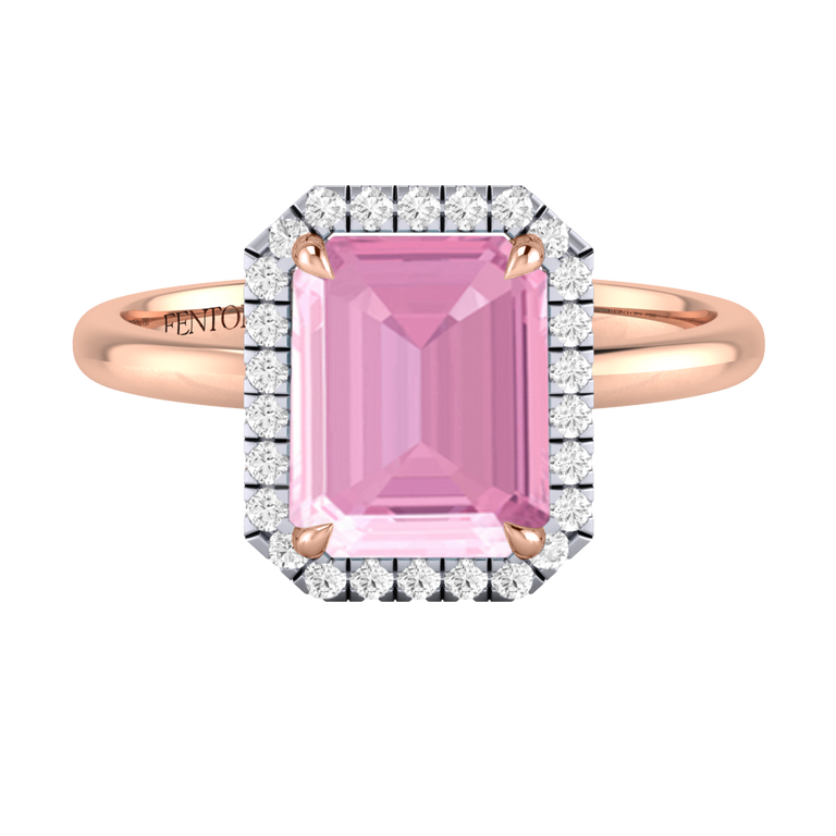 Halo Emerald Pink Sapphire 18K Rose Gold Ring