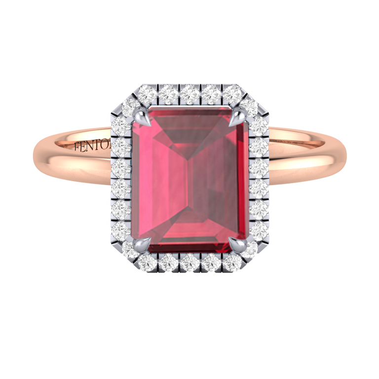 Halo Emerald Ruby 18K Rose Gold Ring