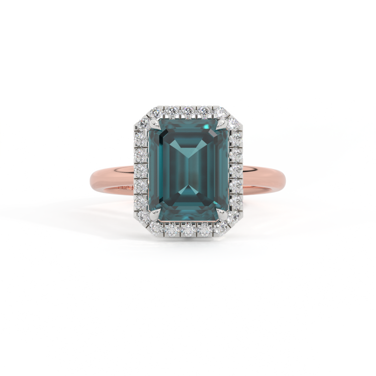 Halo Emerald Teal Sapphire 18K Rose Gold Ring