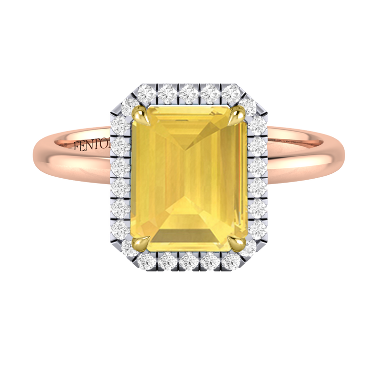 Halo Emerald Yellow Sapphire 18K Rose Gold Ring