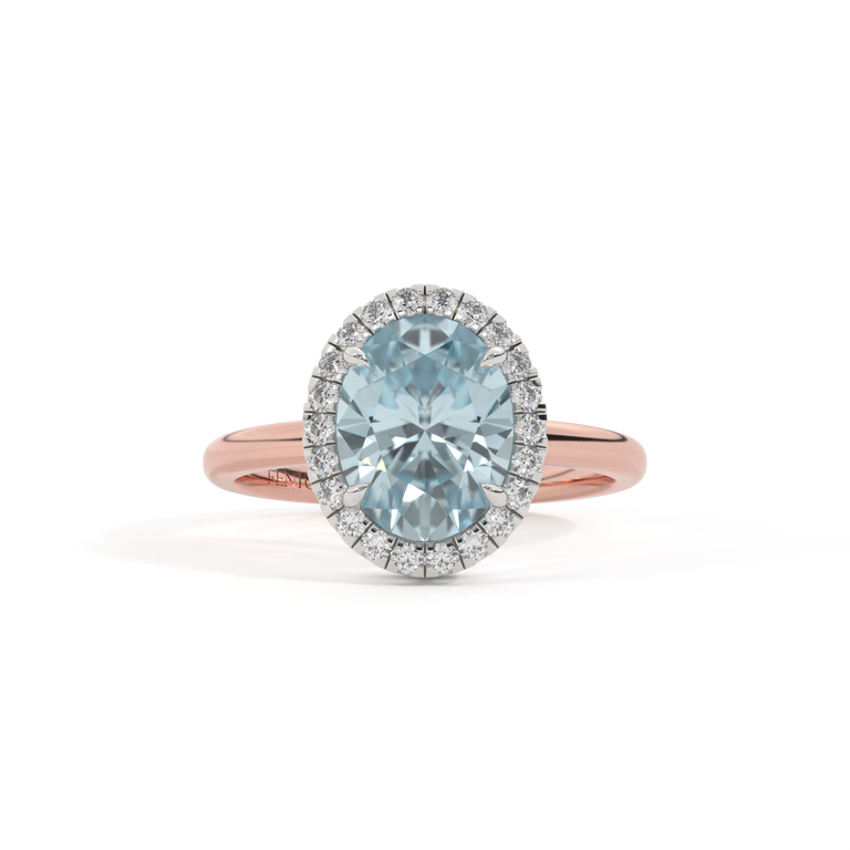 Halo Oval Aquamarine 18K Rose Gold Ring