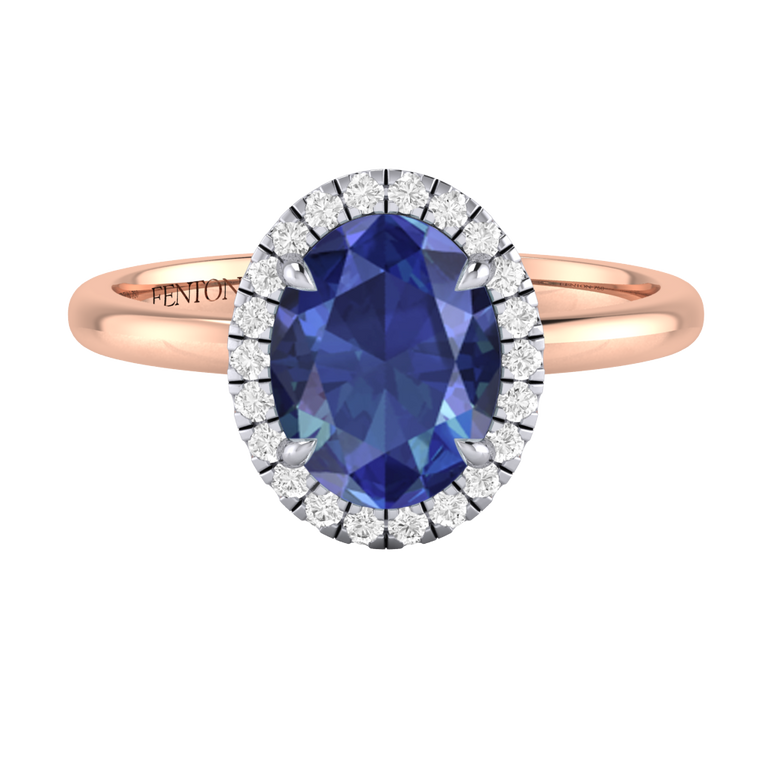 Halo Oval Blue Sapphire 18K Rose Gold Ring