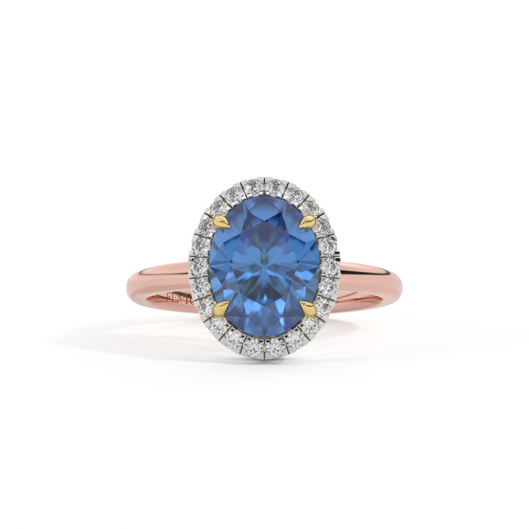 Halo Oval Blue Sapphire 18K Rose Gold Ring