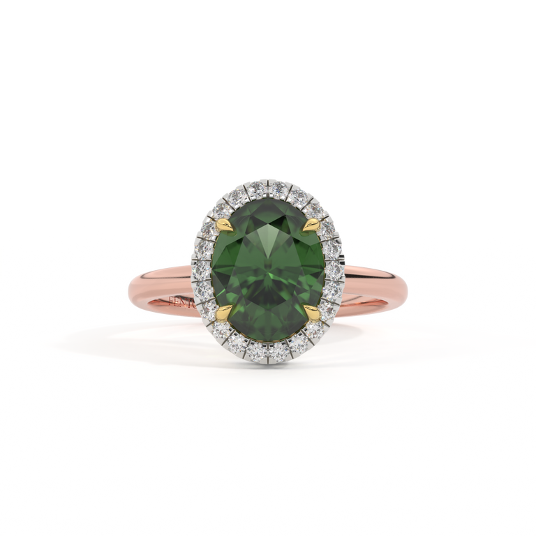 Halo Oval Green Sapphire 18K Rose Gold Ring