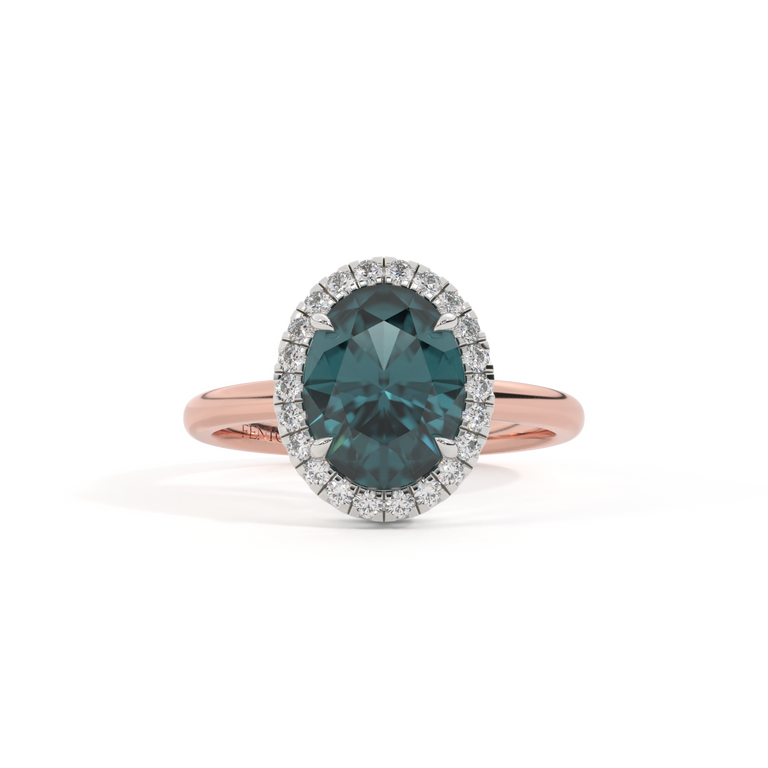 Halo Oval Teal Sapphire 18K Rose Gold Ring
