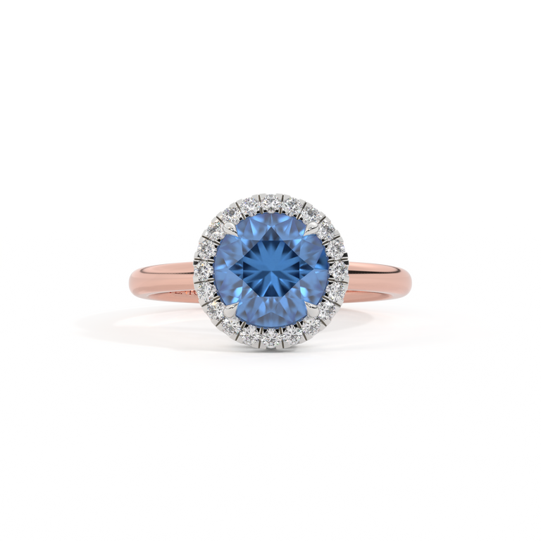 Halo Round Blue Sapphire 18K Rose Gold Ring