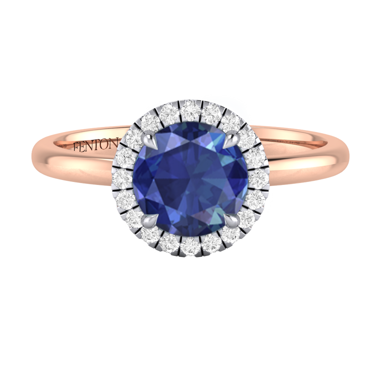 Halo Round Blue Sapphire 18K Rose Gold Ring