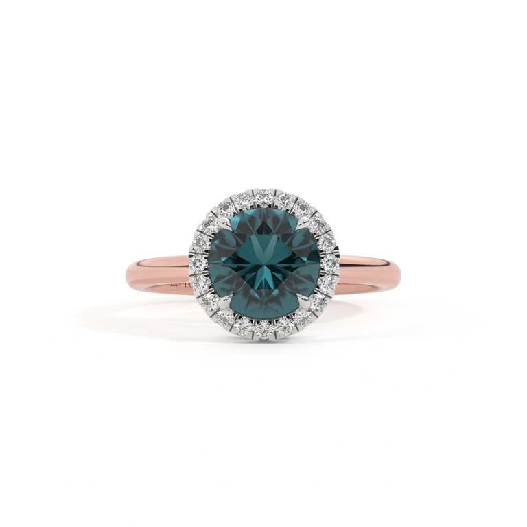 Halo Round Teal Sapphire 18K Rose Gold Ring