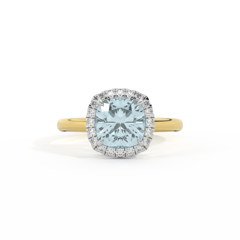 Halo Cushion Aquamarine 18K Yellow Gold Ring