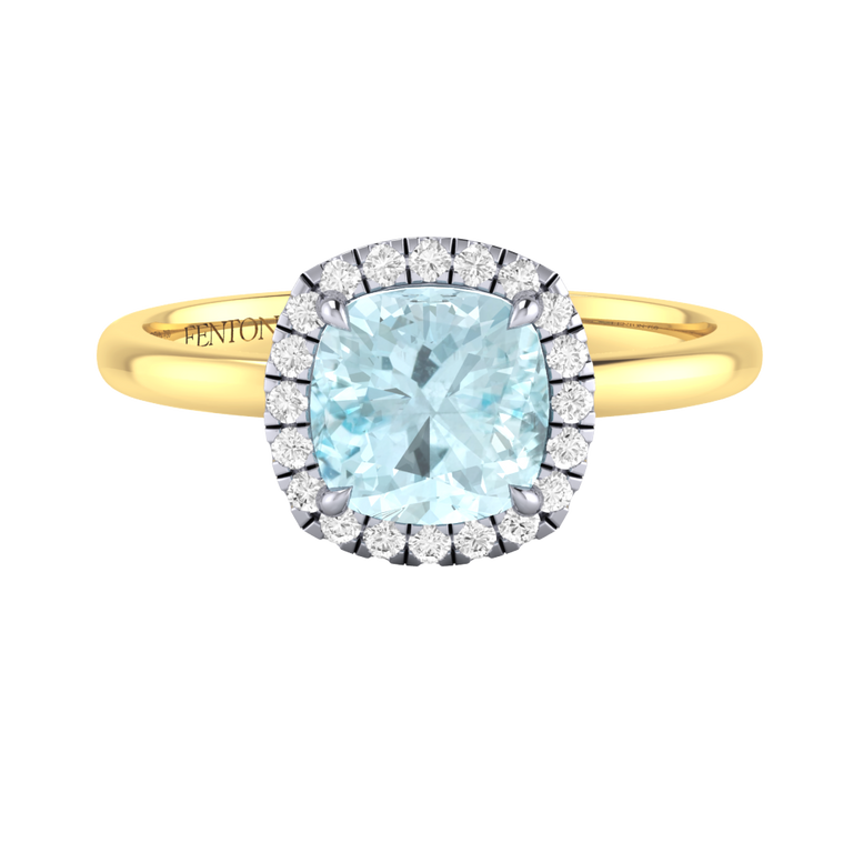 Halo Cushion Aquamarine 18K Yellow Gold Ring