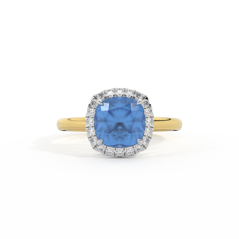 Halo Cushion Blue Sapphire 18K Yellow Gold Ring