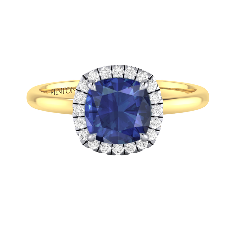 Halo Cushion Blue Sapphire 18K Yellow Gold Ring