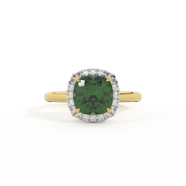 Halo Cushion Green Sapphire 18K Yellow Gold Ring