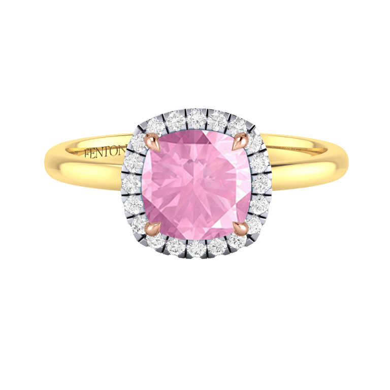 Halo Cushion Pink Sapphire 18K Yellow Gold Ring